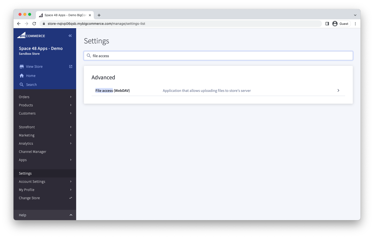 WebDAV file-access settings in the BigCommerce control panel
