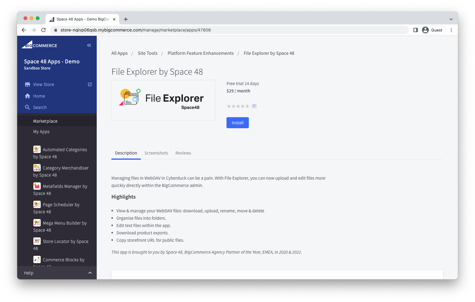 File Explorer listing in the BigCommerce marketplace
