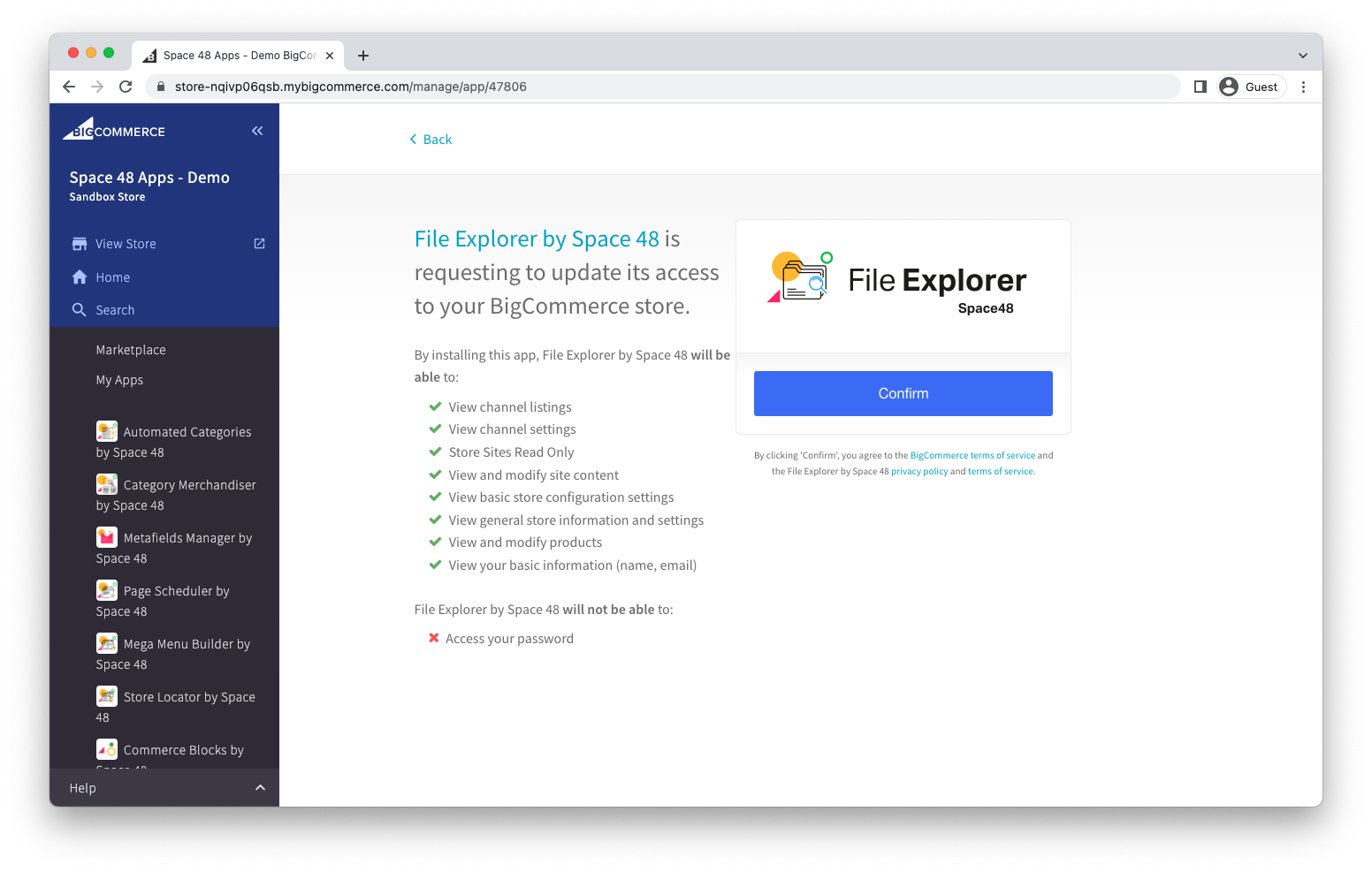 BigCommerce permission review screen for File Explorer